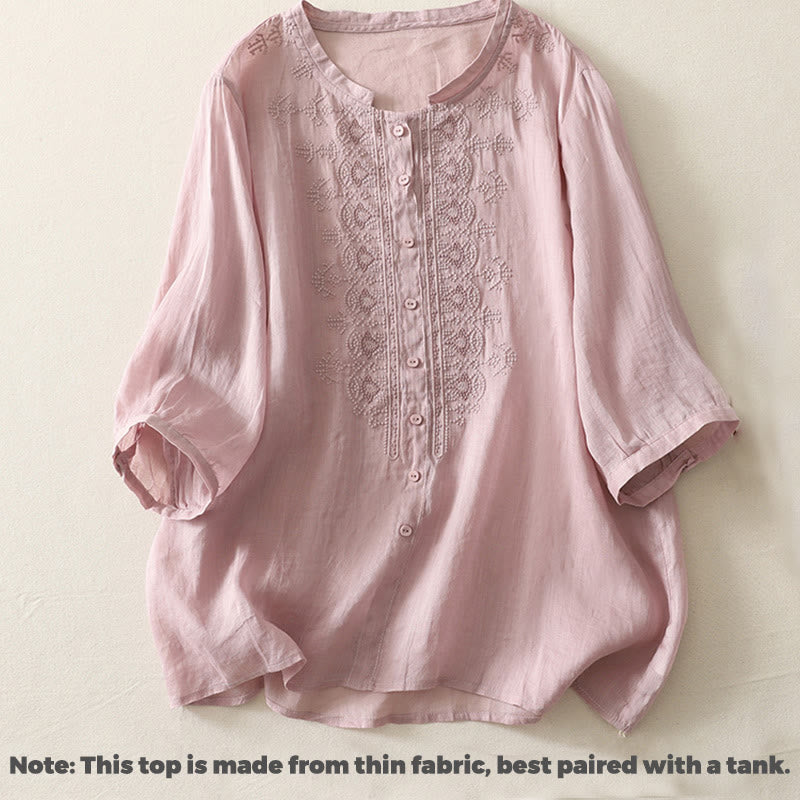 Camicia da donna in lino e cotone con ricamo simmetrico Buddha Stones - image 8