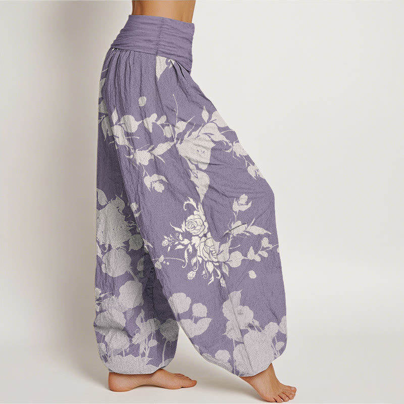 Pantaloni harem da donna in cotone con elastico in vita, motivo a fiori in fiore, motivo Buddha Stones