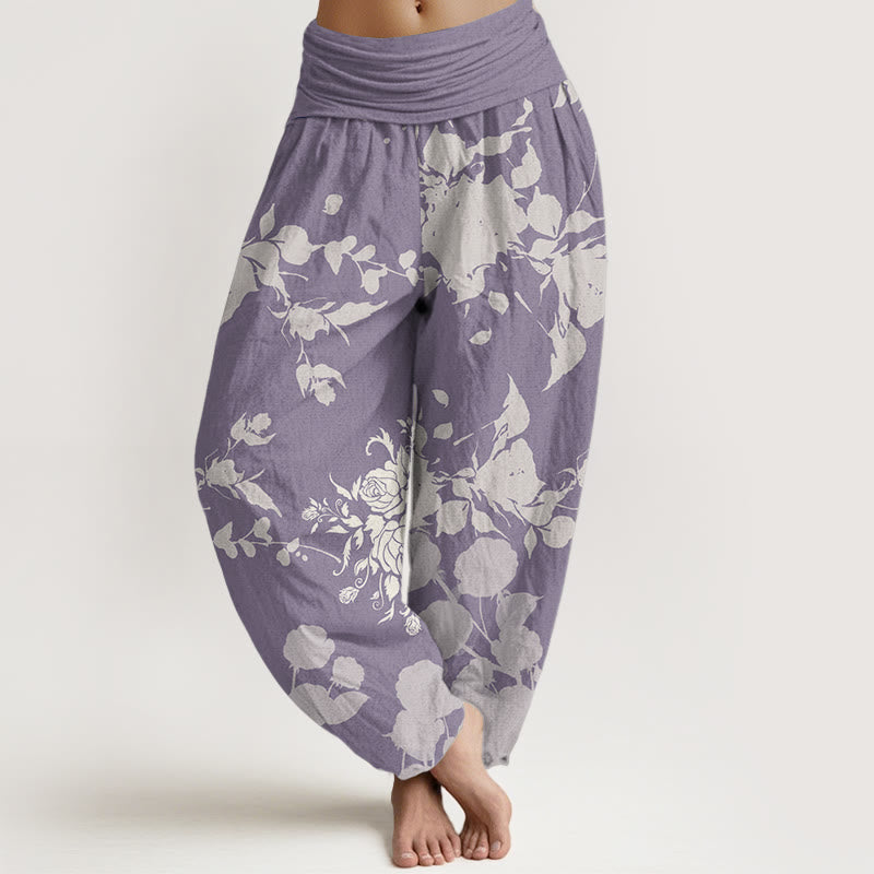 Pantaloni harem da donna in cotone con elastico in vita, motivo a fiori in fiore, motivo Buddha Stones