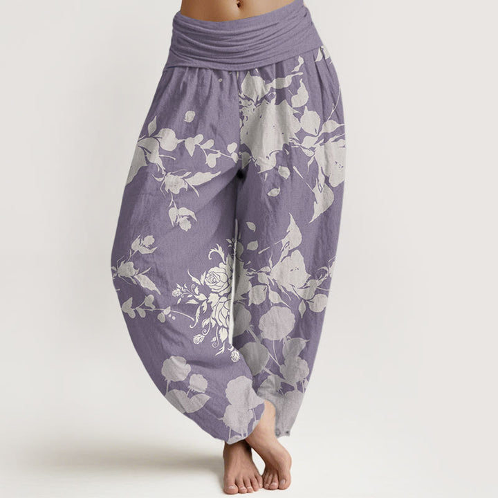 Pantaloni harem da donna in cotone con elastico in vita, motivo a fiori in fiore, motivo Buddha Stones
