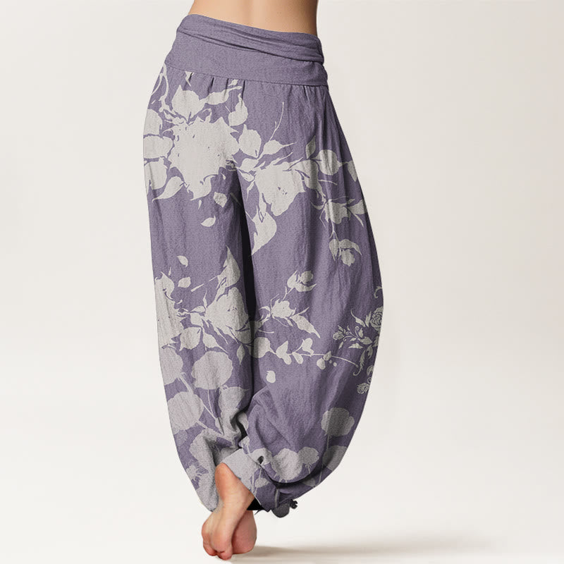 Pantaloni harem da donna in cotone con elastico in vita, motivo a fiori in fiore, motivo Buddha Stones