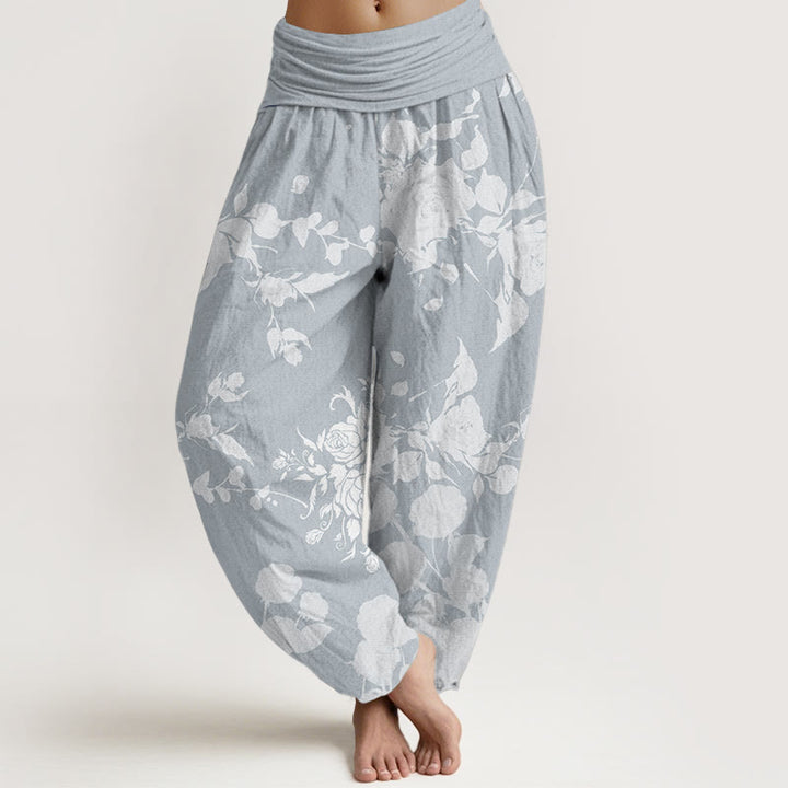 Pantaloni harem da donna in cotone con elastico in vita, motivo a fiori in fiore, motivo Buddha Stones