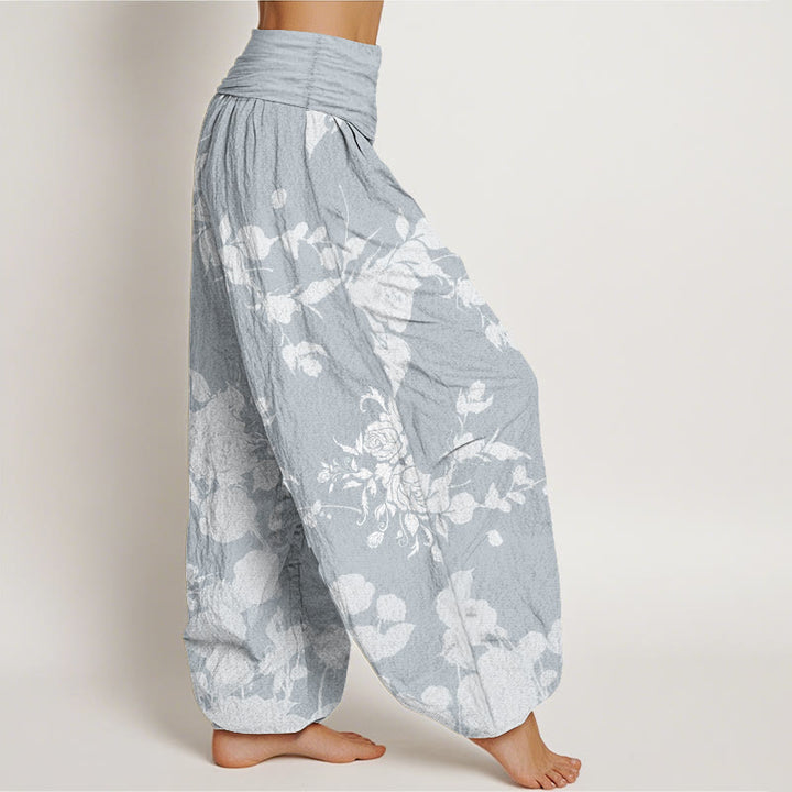 Pantaloni harem da donna in cotone con elastico in vita, motivo a fiori in fiore, motivo Buddha Stones