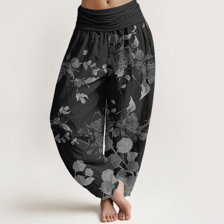 Pantaloni harem da donna in cotone con elastico in vita, motivo a fiori in fiore, motivo Buddha Stones