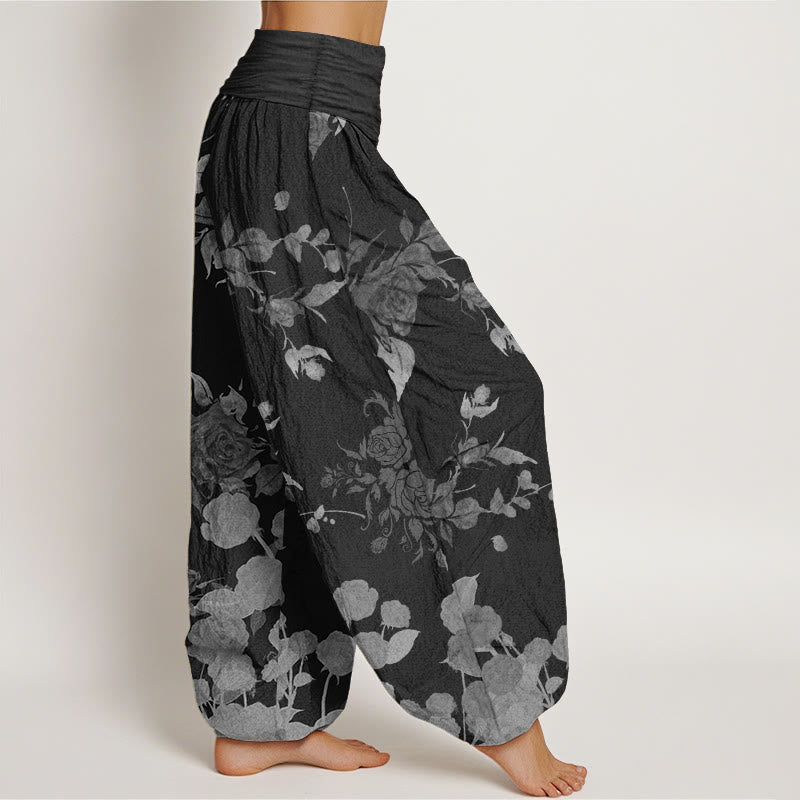 Pantaloni harem da donna in cotone con elastico in vita, motivo a fiori in fiore, motivo Buddha Stones