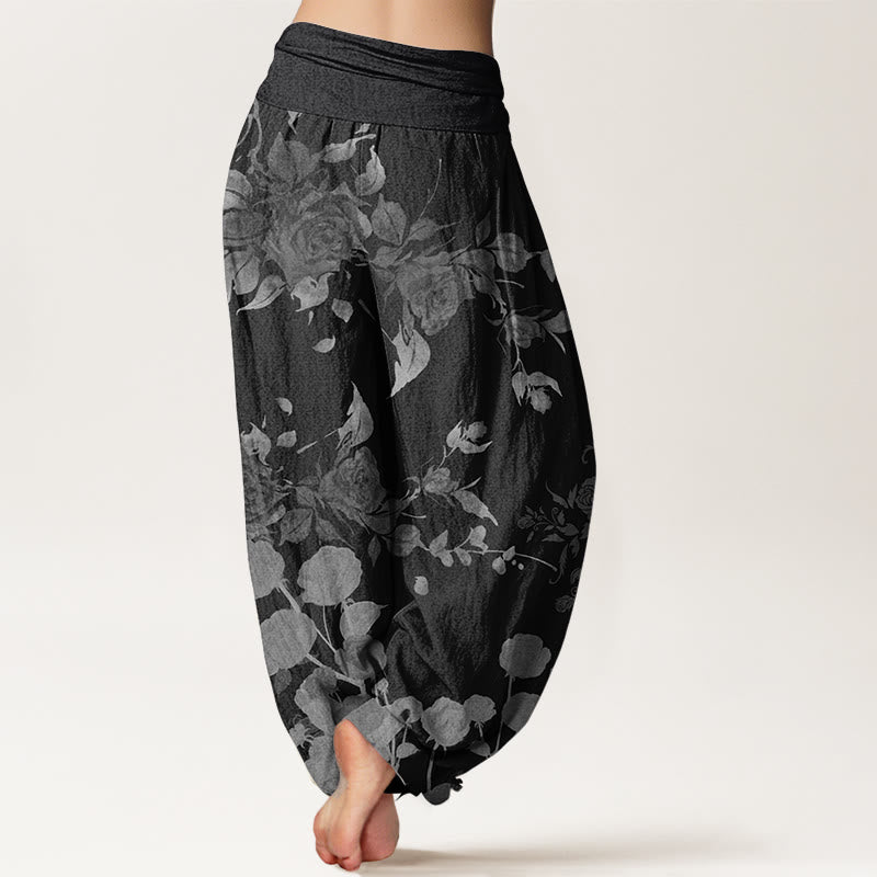 Pantaloni harem da donna in cotone con elastico in vita, motivo a fiori in fiore, motivo Buddha Stones