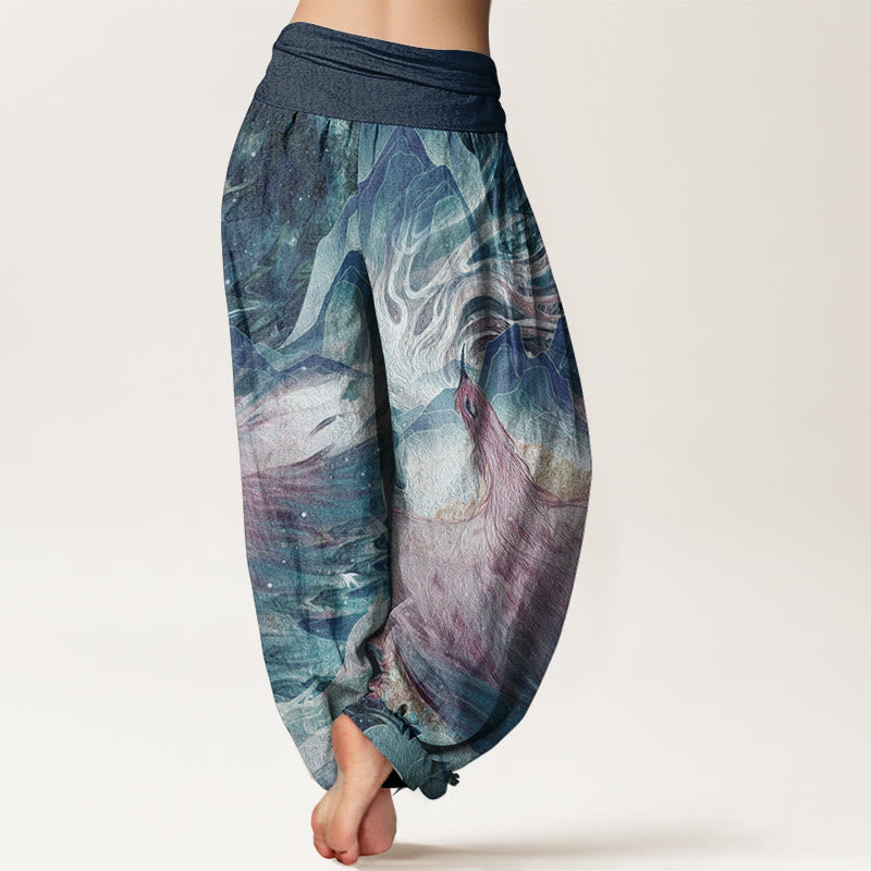 Pantaloni harem da donna in cotone elasticizzato con motivo a creature mitologiche Buddha Stones - image 1