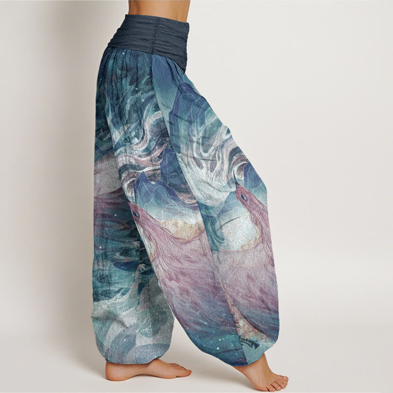 Pantaloni harem da donna in cotone elasticizzato con motivo a creature mitologiche Buddha Stones