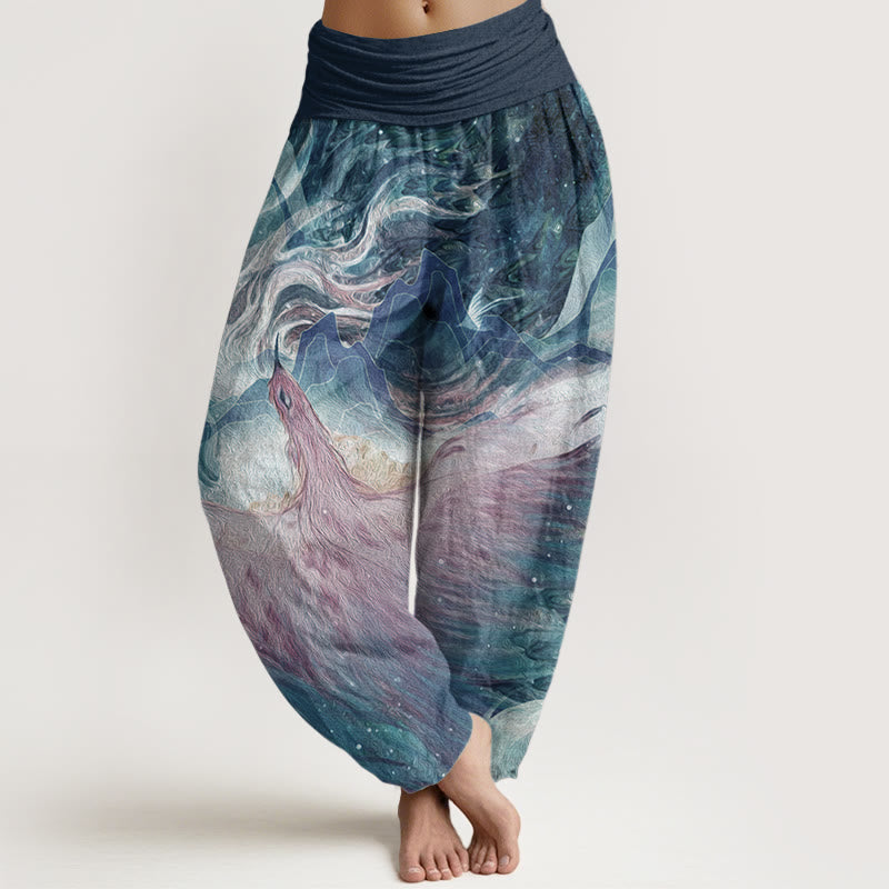 Pantaloni harem da donna in cotone elasticizzato con motivo a creature mitologiche Buddha Stones - SteelBlue - US22, UK/AU26, EU54 (6XL) - image 0