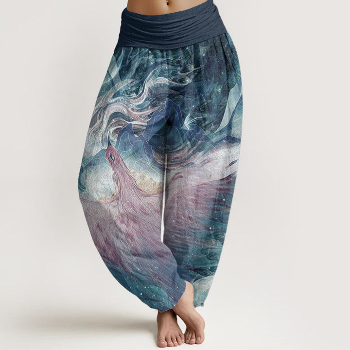 Pantaloni harem da donna in cotone elasticizzato con motivo a creature mitologiche Buddha Stones