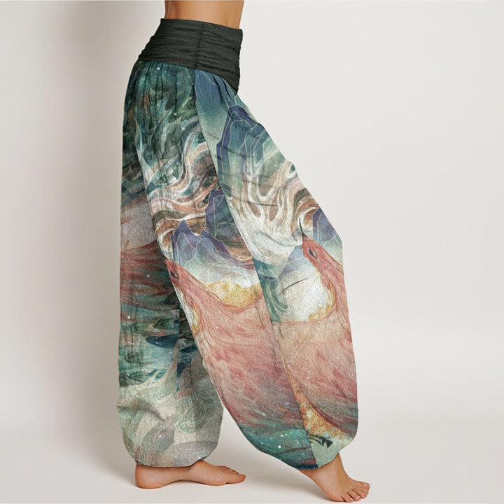 Pantaloni harem da donna in cotone elasticizzato con motivo a creature mitologiche Buddha Stones