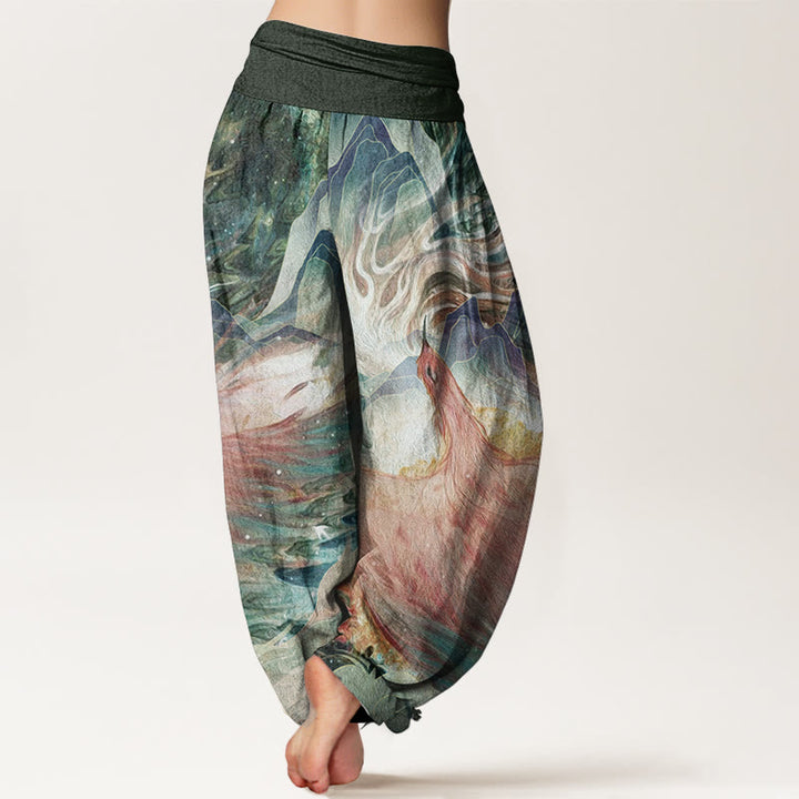 Pantaloni harem da donna in cotone elasticizzato con motivo a creature mitologiche Buddha Stones