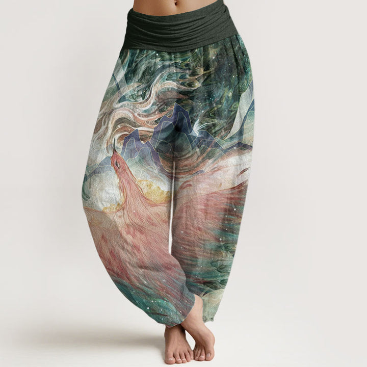 Pantaloni harem da donna in cotone elasticizzato con motivo a creature mitologiche Buddha Stones