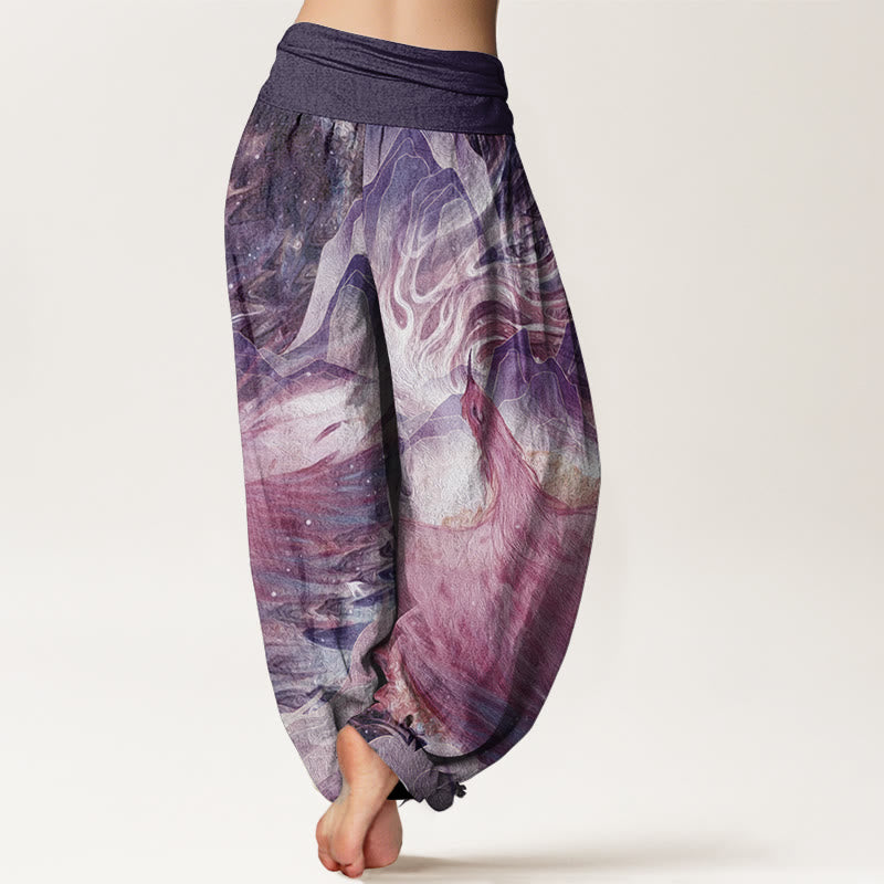 Pantaloni harem da donna in cotone elasticizzato con motivo a creature mitologiche Buddha Stones