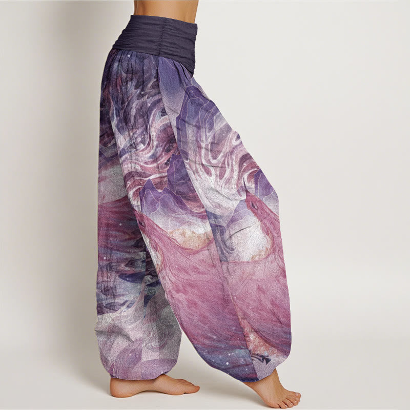 Pantaloni harem da donna in cotone elasticizzato con motivo a creature mitologiche Buddha Stones