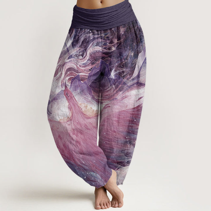 Pantaloni harem da donna in cotone elasticizzato con motivo a creature mitologiche Buddha Stones
