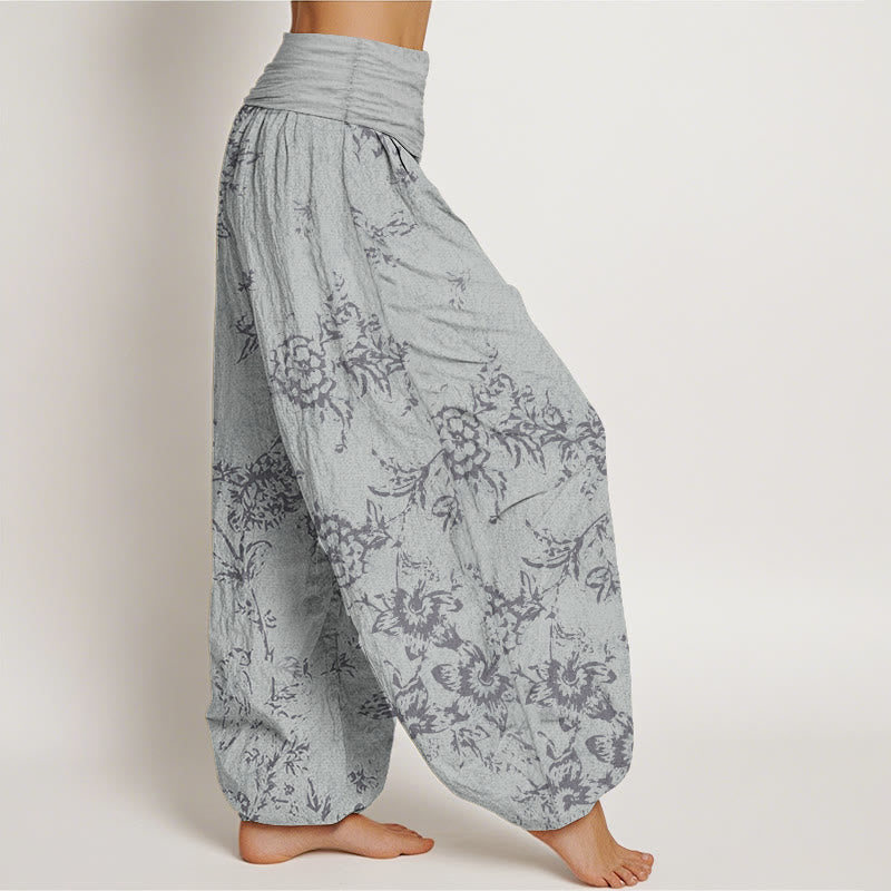 Pantaloni harem da donna con elastico in vita e motivo a fiori in puro cotone con Buddha Stones