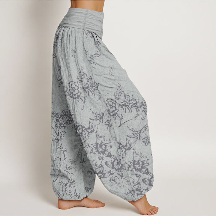 Pantaloni harem da donna con elastico in vita e motivo a fiori in puro cotone con Buddha Stones