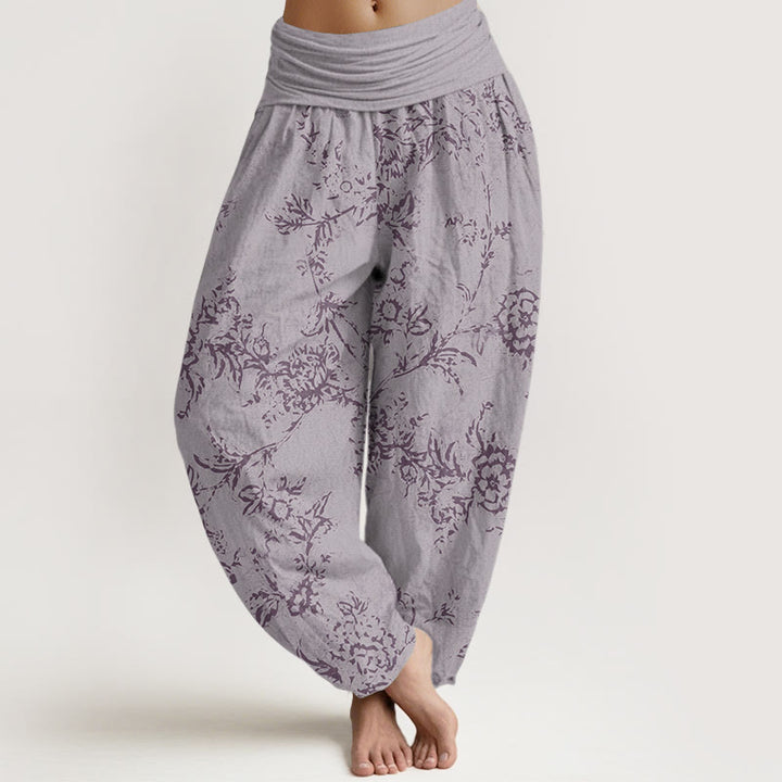 Pantaloni harem da donna con elastico in vita e motivo a fiori in puro cotone con Buddha Stones