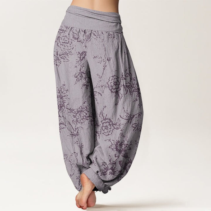 Pantaloni harem da donna con elastico in vita e motivo a fiori in puro cotone con Buddha Stones