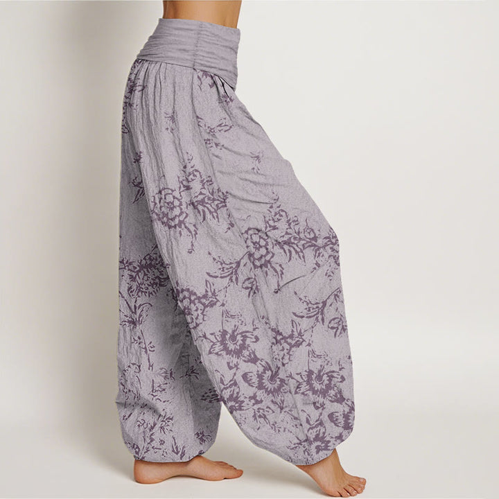 Pantaloni harem da donna con elastico in vita e motivo a fiori in puro cotone con Buddha Stones
