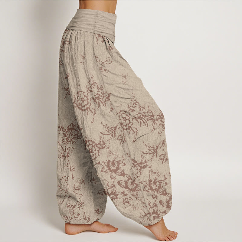 Pantaloni harem da donna con elastico in vita e motivo a fiori in puro cotone con Buddha Stones