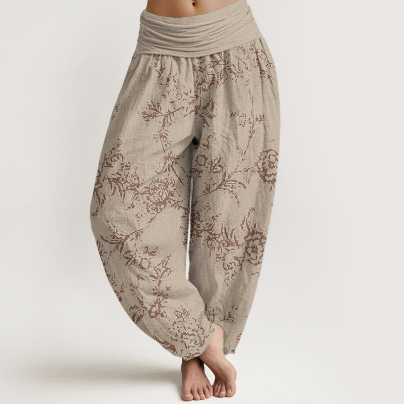 Pantaloni harem da donna con elastico in vita e motivo a fiori in puro cotone con Buddha Stones