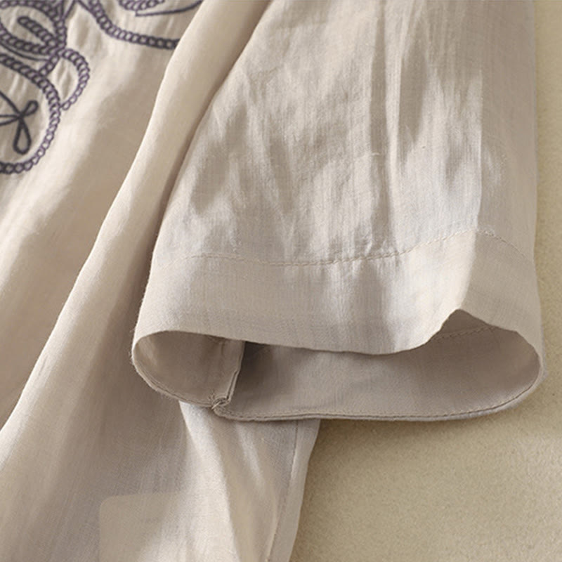 Maglietta casual da donna in cotone e lino con scollo a V e maniche corte, ricamata con Buddha Stones - image 5