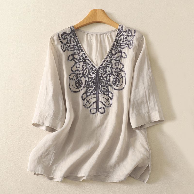Maglietta casual da donna in cotone e lino con scollo a V e maniche corte, ricamata con Buddha Stones - Beige - US14, UK/AU18, EU46 (2XL) - image 1