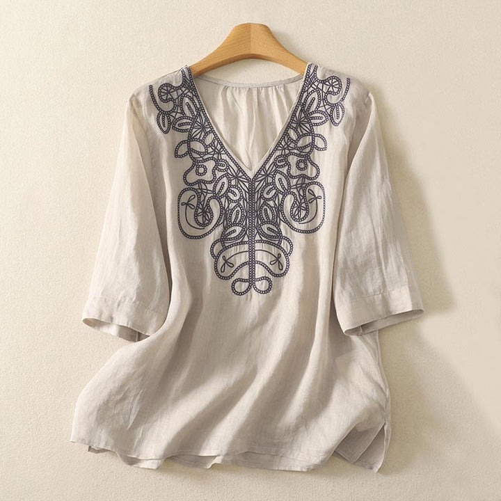 Maglietta casual da donna in cotone e lino con scollo a V e maniche corte, ricamata con Buddha Stones - Beige - US14, UK/AU18, EU46 (2XL) - image 1