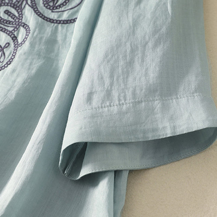 Maglietta casual da donna in cotone e lino con scollo a V e maniche corte, ricamata con Buddha Stones - image 11