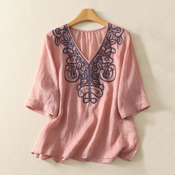 Maglietta casual da donna in cotone e lino con scollo a V e maniche corte, ricamata con Buddha Stones - Corallo chiaro - US14, UK/AU18, EU46 (2XL) - image 13
