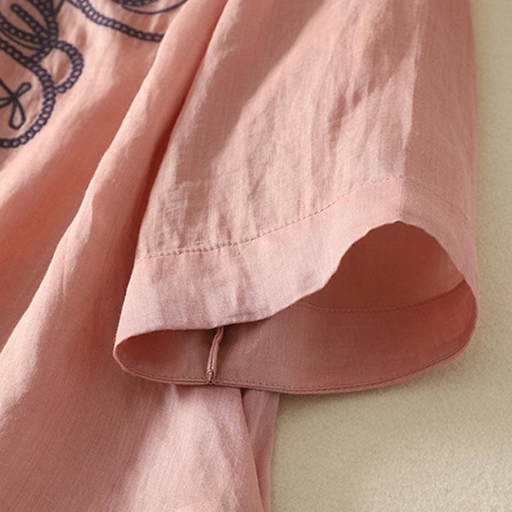 Maglietta casual da donna in cotone e lino con scollo a V e maniche corte, ricamata con Buddha Stones - image 15