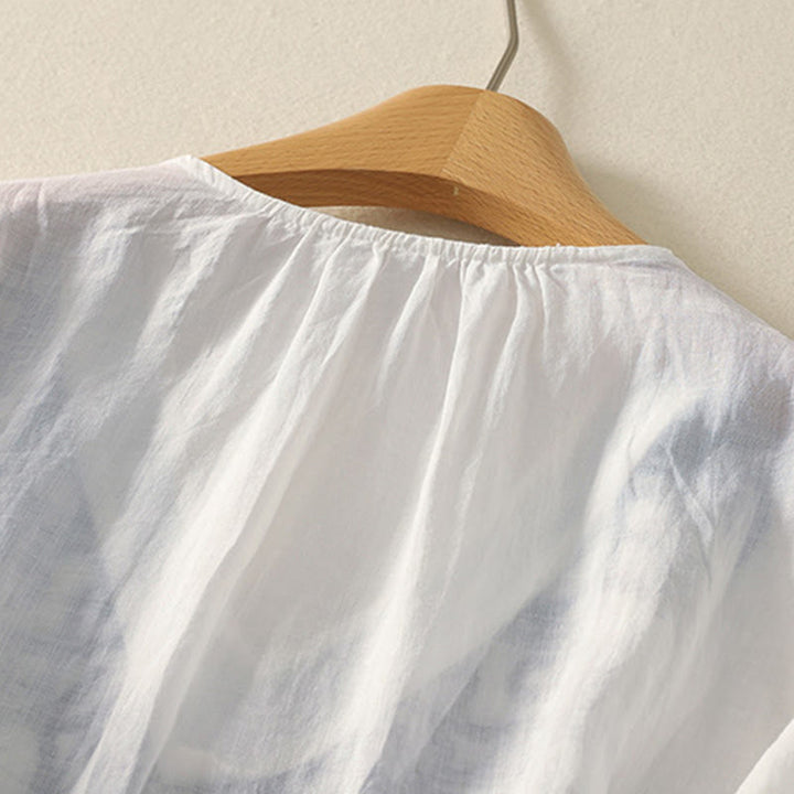 Maglietta casual da donna in cotone e lino con scollo a V e maniche corte, ricamata con Buddha Stones - image 22