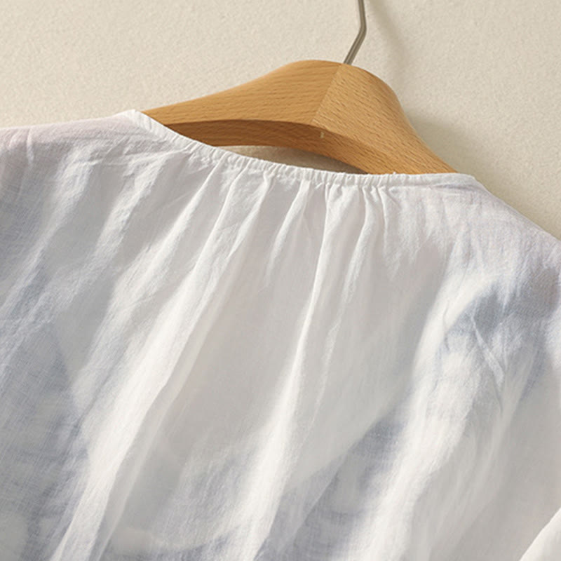 Maglietta casual da donna in cotone e lino con scollo a V e maniche corte, ricamata con Buddha Stones - image 23