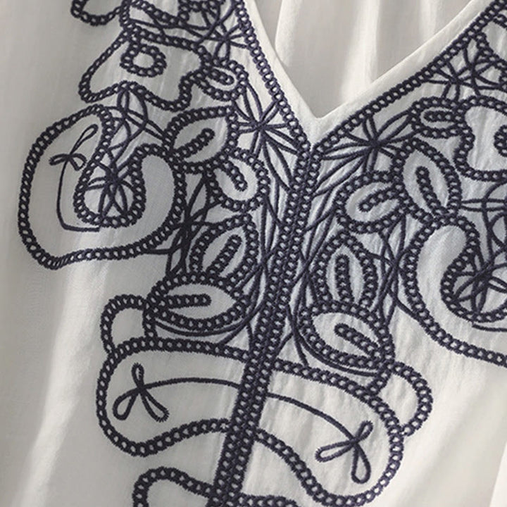 Maglietta casual da donna in cotone e lino con scollo a V e maniche corte, ricamata con Buddha Stones - image 27