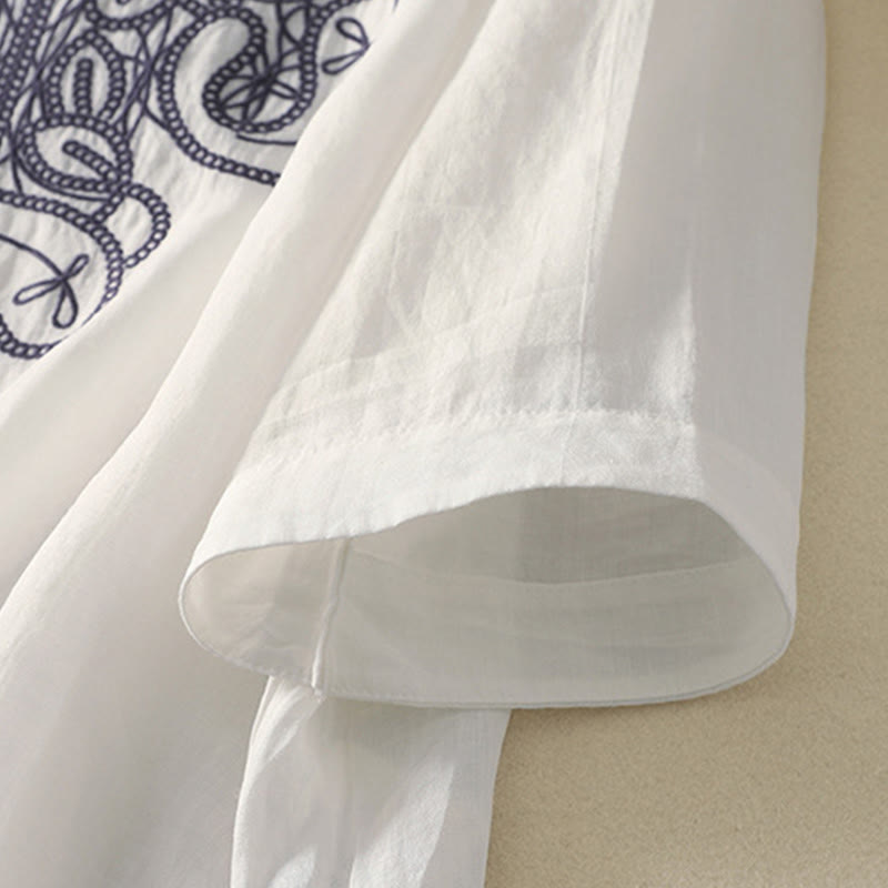 Maglietta casual da donna in cotone e lino con scollo a V e maniche corte, ricamata con Buddha Stones - image 24