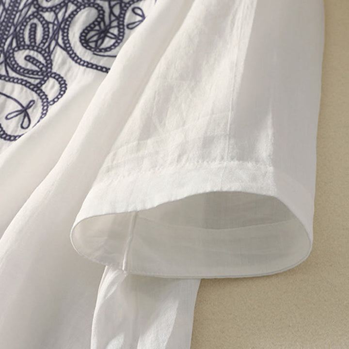 Maglietta casual da donna in cotone e lino con scollo a V e maniche corte, ricamata con Buddha Stones - image 24