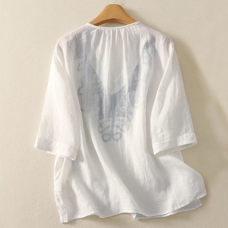 Maglietta casual da donna in cotone e lino con scollo a V e maniche corte, ricamata con Buddha Stones - image 21