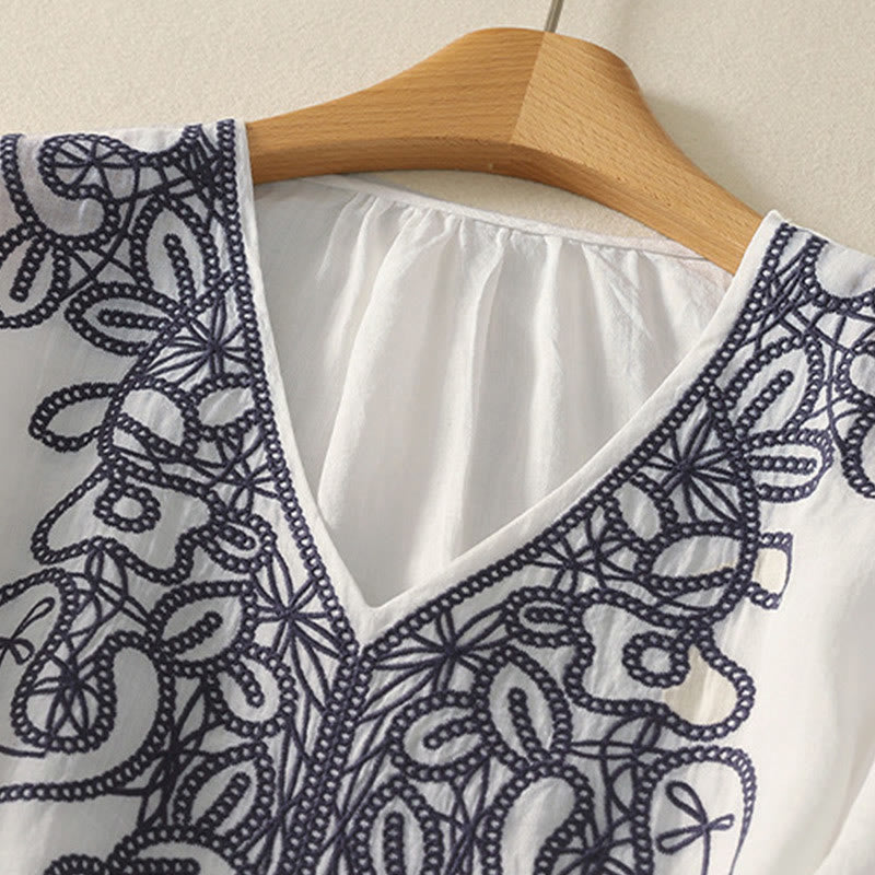 Maglietta casual da donna in cotone e lino con scollo a V e maniche corte, ricamata con Buddha Stones - image 22