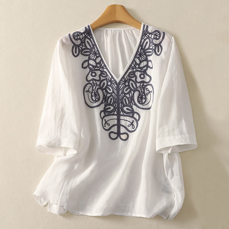 Maglietta casual da donna in cotone e lino con scollo a V e maniche corte, ricamata con Buddha Stones - Bianco - US14, UK/AU18, EU46 (2XL) - image 19