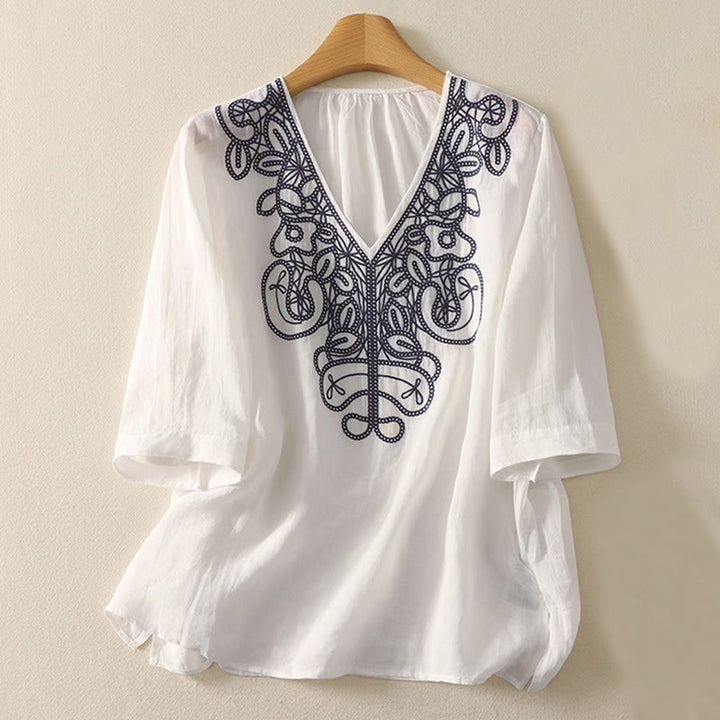 Maglietta casual da donna in cotone e lino con scollo a V e maniche corte, ricamata con Buddha Stones - Bianco - US14, UK/AU18, EU46 (2XL) - image 19