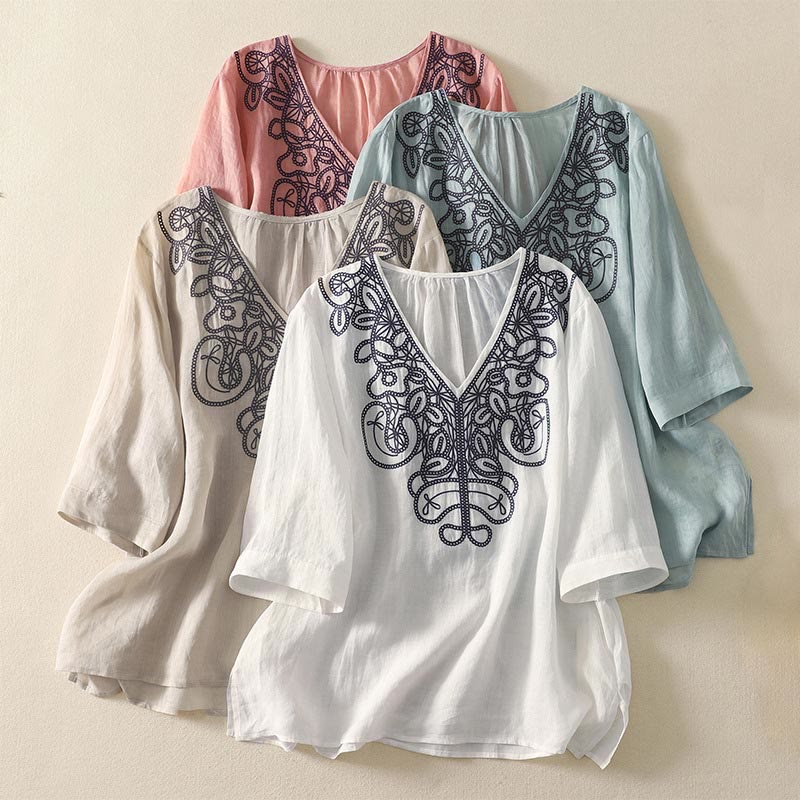 Maglietta casual da donna in cotone e lino con scollo a V e maniche corte, ricamata con Buddha Stones - image 29