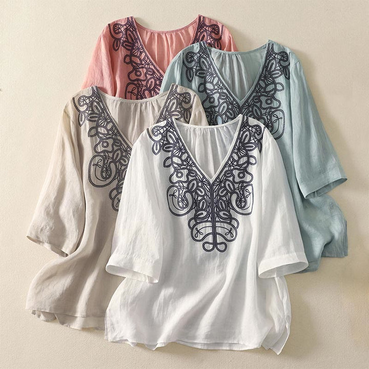 Maglietta casual da donna in cotone e lino con scollo a V e maniche corte, ricamata con Buddha Stones - image 29