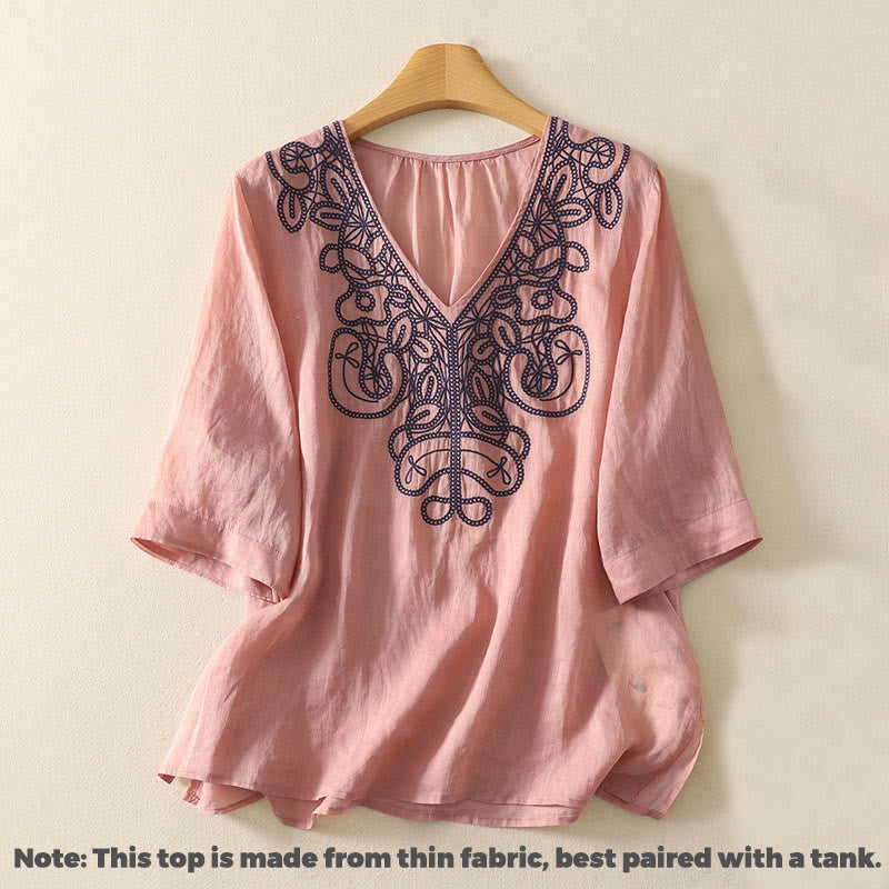 Maglietta casual da donna in cotone e lino con scollo a V e maniche corte, ricamata con Buddha Stones - image 14