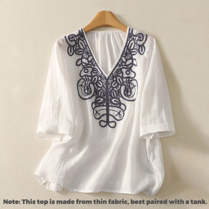 Maglietta casual da donna in cotone e lino con scollo a V e maniche corte, ricamata con Buddha Stones - image 20