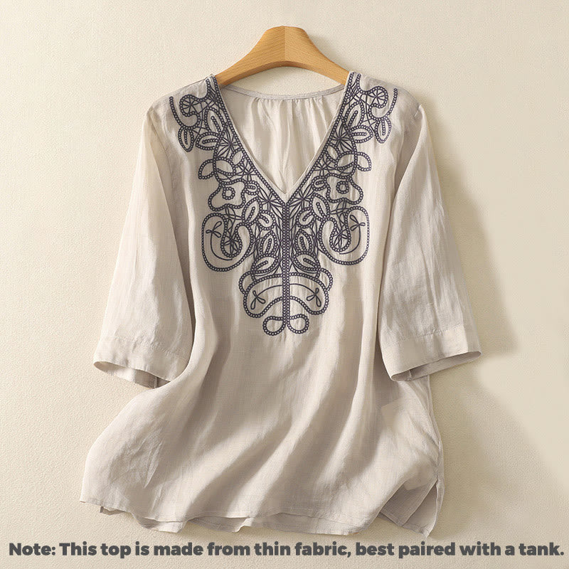 Maglietta casual da donna in cotone e lino con scollo a V e maniche corte, ricamata con Buddha Stones - image 2