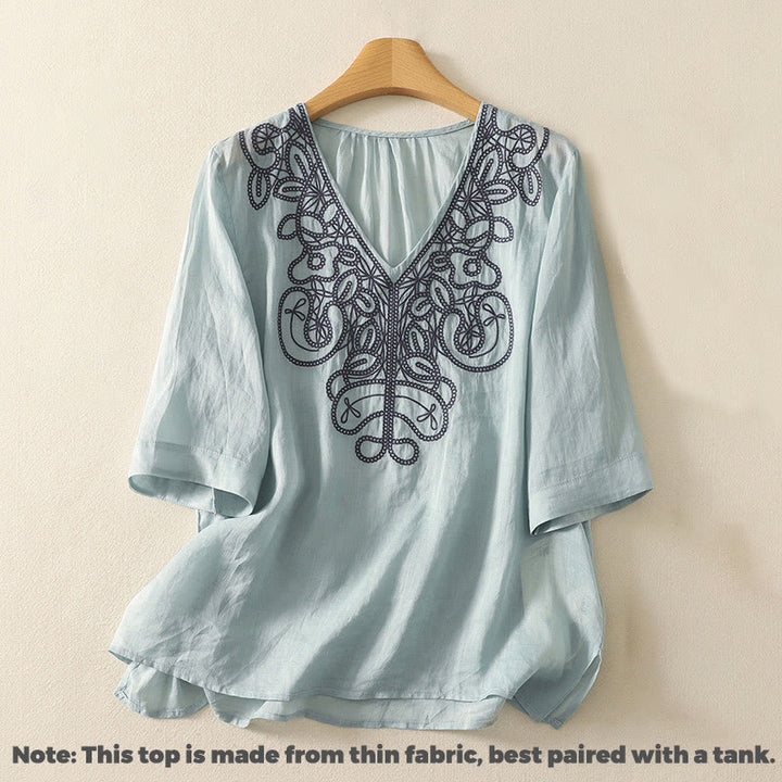Maglietta casual da donna in cotone e lino con scollo a V e maniche corte, ricamata con Buddha Stones - image 8