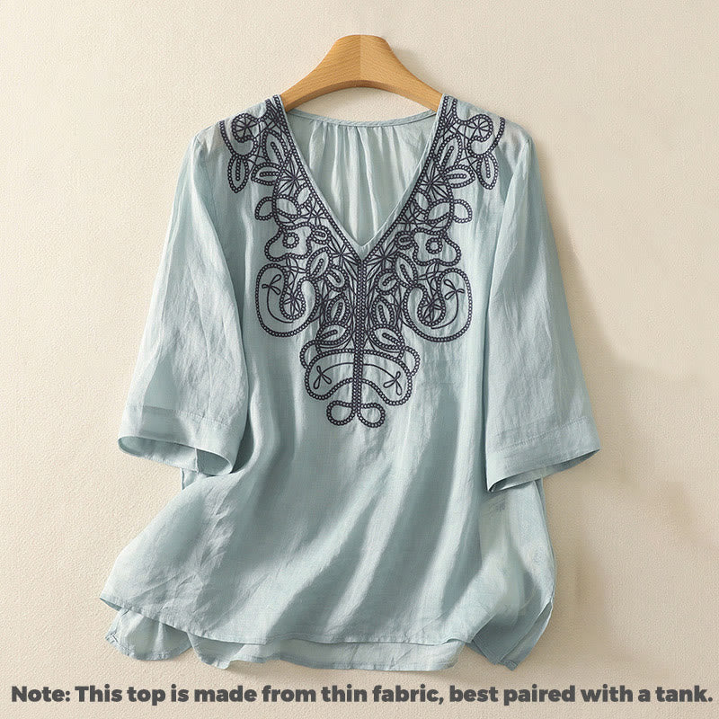 Maglietta casual da donna in cotone e lino con scollo a V e maniche corte, ricamata con Buddha Stones - image 7