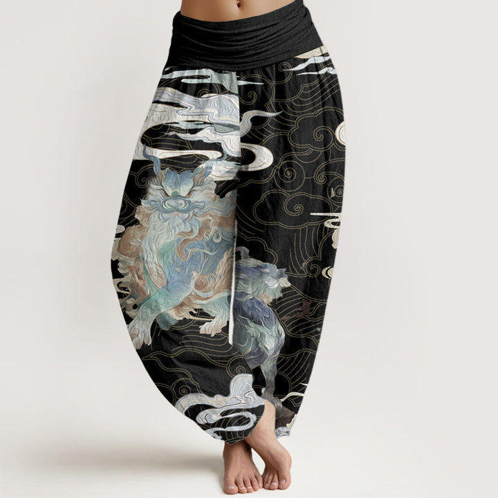 Pantaloni harem da donna in cotone puro con motivo a nuvole di buon auspicio e motivo a vita elastica, modello Buddha Stones PiXiu